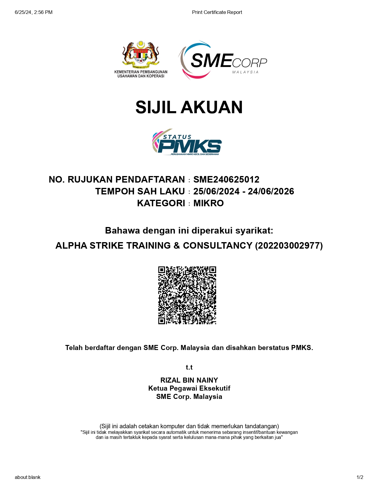 SME Corp Certificate